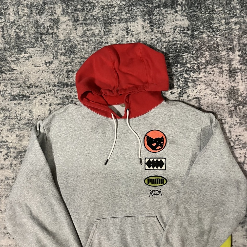 Puma Men's Playbook Hoodie Don't Flinch Pullover Patch Red Hood Pocket L XL ? - Picture 4 of 9
